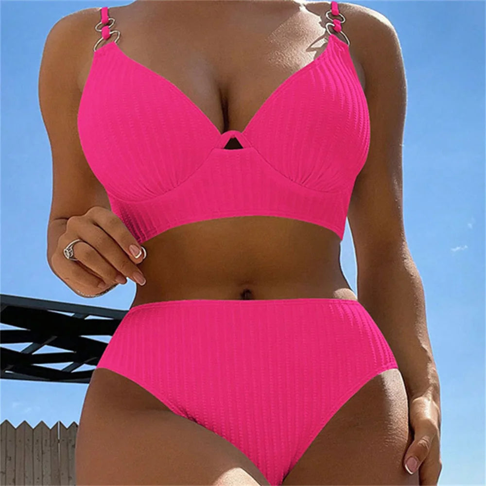 Sexy White Bikini Sling Rings Push Up Swimsuit High Waisted Vacation Swimwear Ribbed Beach Bathing Suit Women 2 Piece Set Outfit
