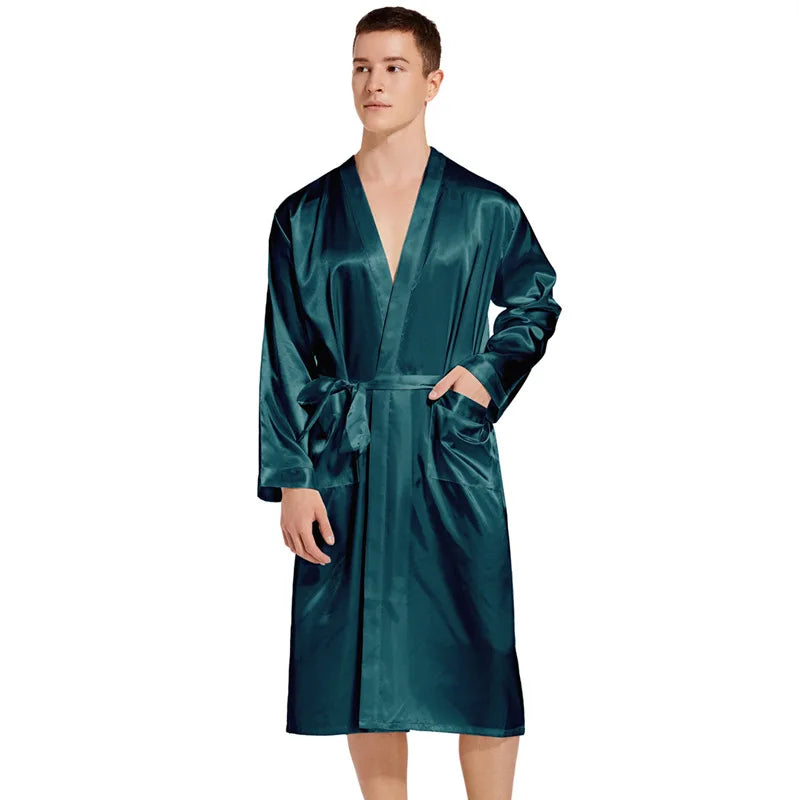 Summer New Men Solid Color Kimono Robe Satin Bathrobe Gown Summer New Sleepwear Loose Pijamas De Hombre Ice Silk Peignoir Homme