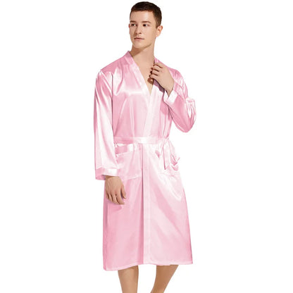 Summer New Men Solid Color Kimono Robe Satin Bathrobe Gown Summer New Sleepwear Loose Pijamas De Hombre Ice Silk Peignoir Homme