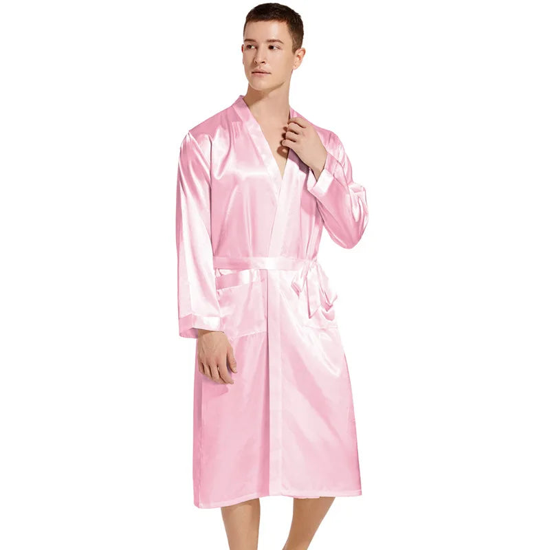 Summer New Men Solid Color Kimono Robe Satin Bathrobe Gown Summer New Sleepwear Loose Pijamas De Hombre Ice Silk Peignoir Homme