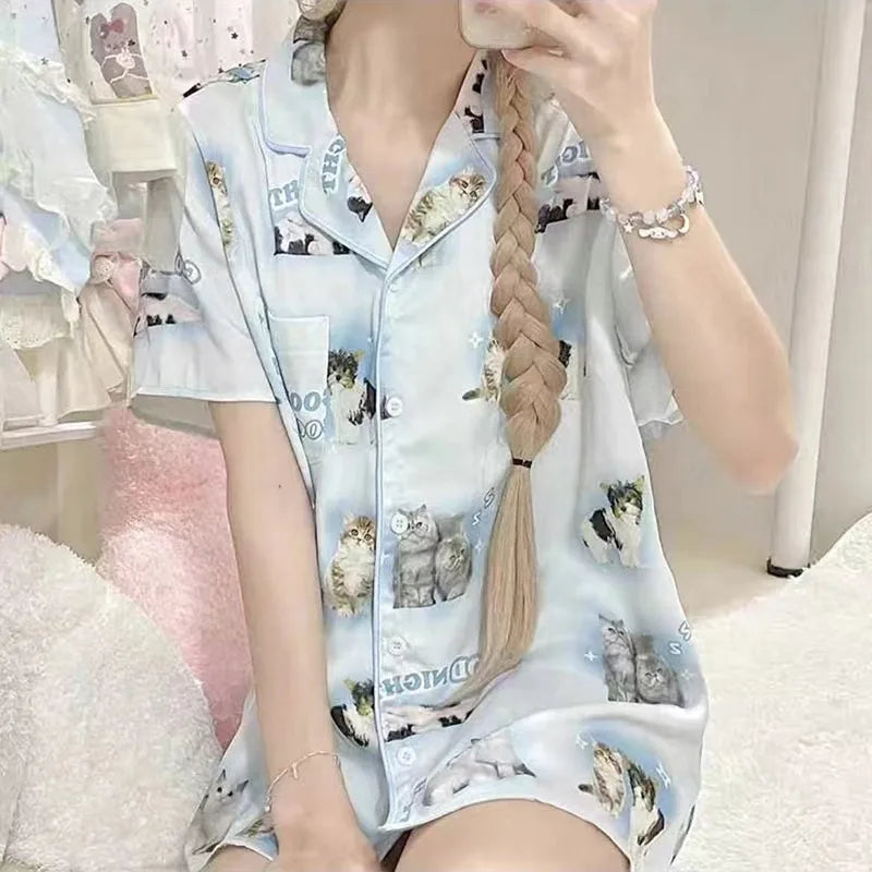 Kawaii Youth Girl's Satin Homewear Short Long Fashion Pyjama Cute Cat Print Summer New Thin Pajamas for Women Silk Home Set