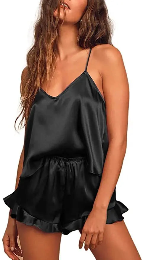 Sexy Silk Satin Pajama Set for Women – V-Neck Cami Top and Ruffled Shorts Bridal Lingerie, Perfect for Nightwear