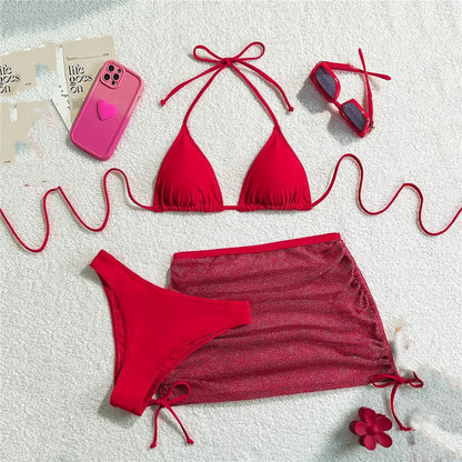 Solid Brown Swimwears String Halter Triangle 3 Piece Bikini Set Sexy Swimsuit Women 2026 Mesh Skirts Bathing Suit Bikinis Dames