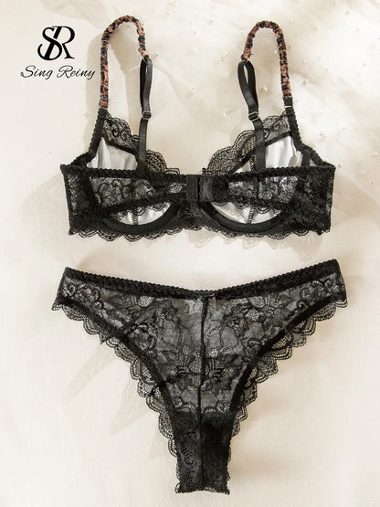 SINGREINY Leopard Print Sexy Lingerie Sets Women Lace Patctwork Sheer Bra Brief Sets Transparent Chic Vintage Underwear Suits
