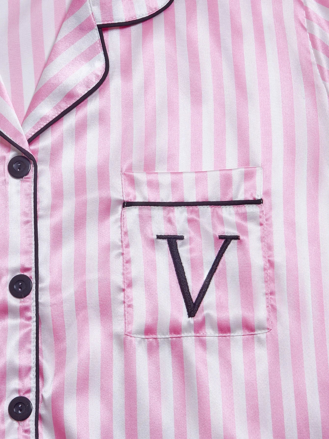 Striped Embroidered Letter Pocket Short Sleeve and Shorts Pajama Set, Casual Satin Sleepwear with Lapel Collar and Button Detail