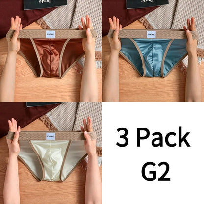 3pcs【LORIEN CREST】Luxury Men's Satin-like Ice Silk Briefs High Elastic Ultra Soft Breathable Antibacterial Comfortable Underwear