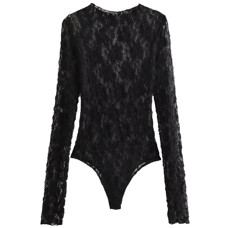 HXAO Women's Bodysuit Lace Bodysuit Autumn Black Cutwork O-Neck Long Sleeves High Spandex Bodysuits Sexy Lingerie For Fine Women