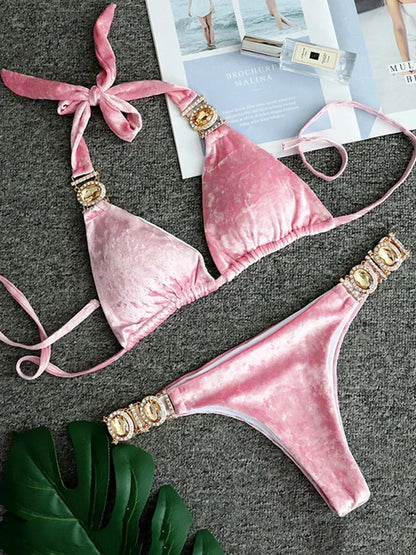 2025 Shiny Rhinestone Diamond Bikini Women Swimsuit Female Swimwear Two Pieces Bikini Set Halter Metal Chains Bathing Suit Swim
