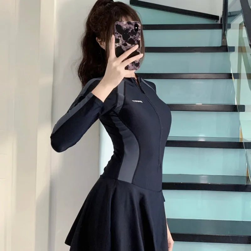 Athletic Long Sleeve One Piece Swimsuit Dress with Zipper Front Color Block Panel Tummy Control Swimwear for Beach Pool Training