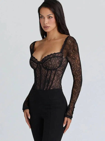 JULISSA MO Sexy Square Collar Sheer Lace Zipper Women Bodysuit Long Sleeve Print Floral Lady Winter Bodycon Elegant Playsuit New
