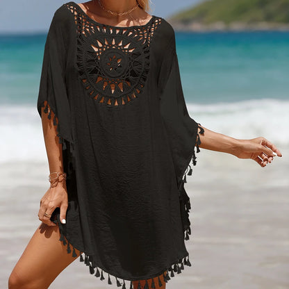 Holiday Knitting Crochet Beach Short Cover Ups Dress Splicing Solid Color Beachwear Small Tassel Sunscreen Sexy Beach Smock