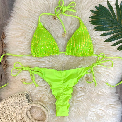Melphieer Swim 2pcs Women's Summer Beach Holiday Ruching Bum Sequins Sparkle Glitter Plain Halter Strap Bikini Swimwear Set