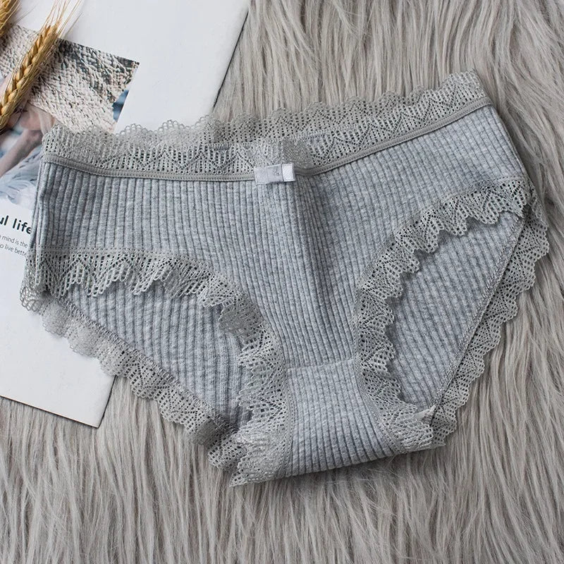 Cotton Sexy Lace Mid Waist Underwear Threaded Brief Solid Color Skin Friendly Ladies Underpant Breathable Fashion Casual Panties