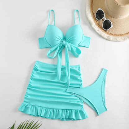 Cikini-Solid Bikini Set, Knot Front Push Up Bra, High Cut Bottom, Ruched Beach Skirt, 3 Piece Bathing Suit