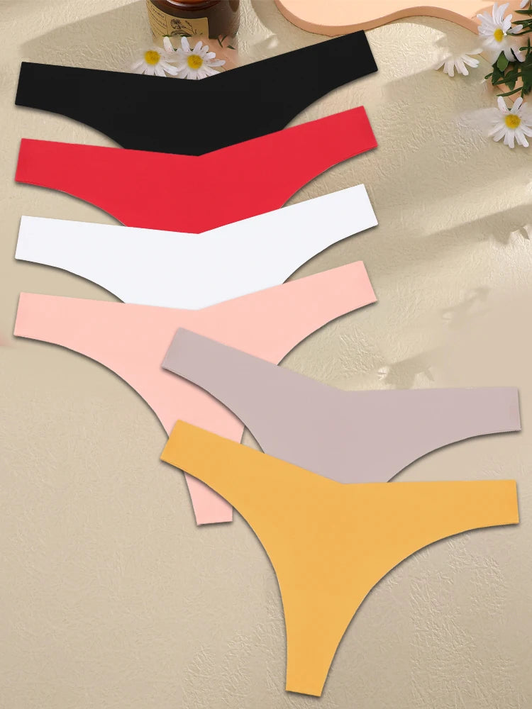FINETOO 6PCS Women Ice Silk Seamless Underpants Panties Sexy V-Waist Sport Thongs Low Rise 10 Soild Colours Breathable G-string