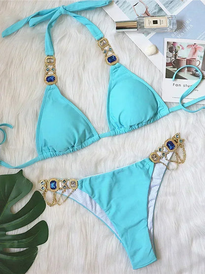 2025 Shiny Rhinestone Diamond Bikini Women Swimsuit Female Swimwear Two Pieces Bikini Set Halter Metal Chains Bathing Suit Swim