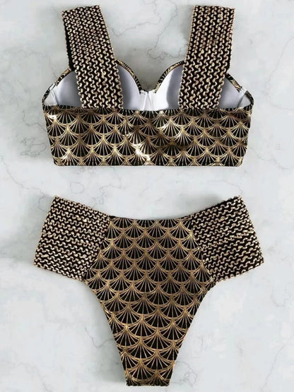 Metallic Stitch Strape Bikini 2026 Women Push Up Golded print Swimsuit Female High Waist Swimwear Bathers Bathing Suit Beachwear