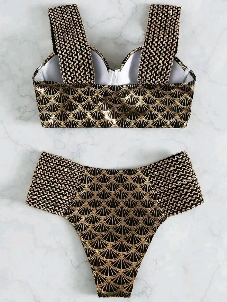 Metallic Stitch Strape Bikini 2026 Women Push Up Golded print Swimsuit Female High Waist Swimwear Bathers Bathing Suit Beachwear