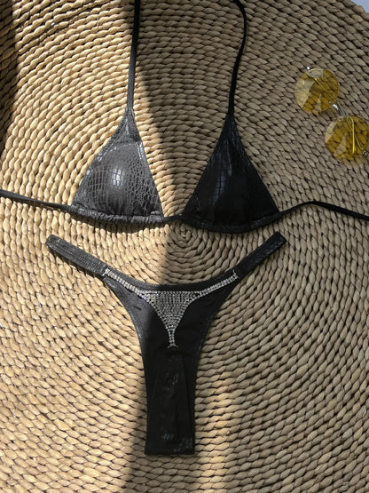sexy metallic black snakeskin micro bikinis sets two pieces bathing suit women sexy thong bikini reflective shinny swimsuits