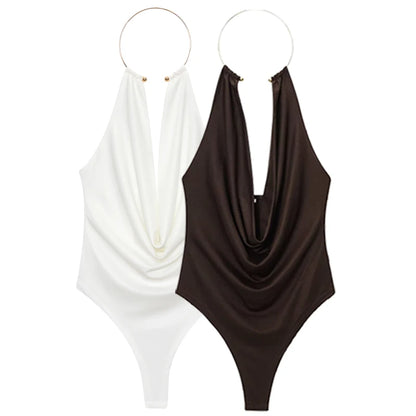 HXAO Brown Halter Bodysuit Women Summer Bodys For Sexy Women Off Shoulder Sleeveless Thong Bodysuit With Open Back Rave Bodysuit