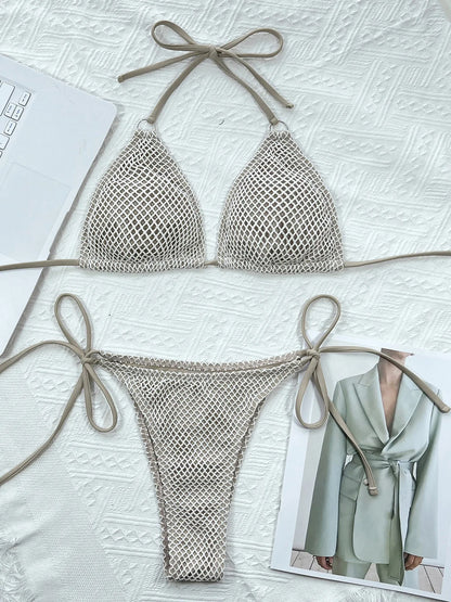 Sexy Halter Mesh Fish Net Brazilian Bikini Female Swimsuit Women Swimwear Two-pieces Bikini set Bather Bathing Suit Swim K3680