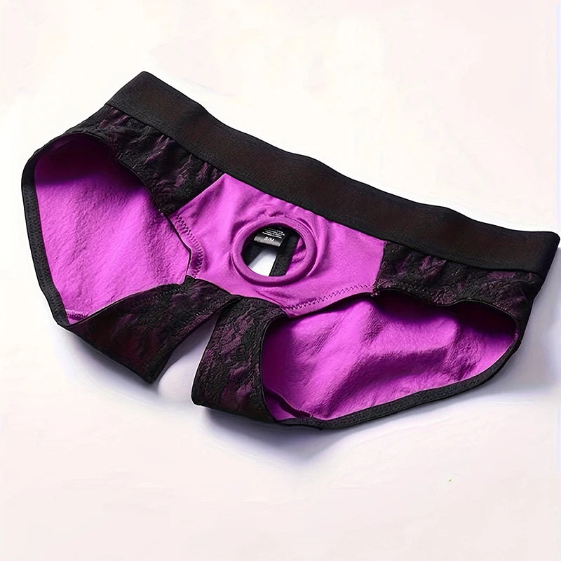 Purple Lace Low-Rise Briefs with Sexy Cut-Out Detail - 1.77inch(4.5cm) Silicone O-Ring Stretch Nylon Strap On Harness Briefs