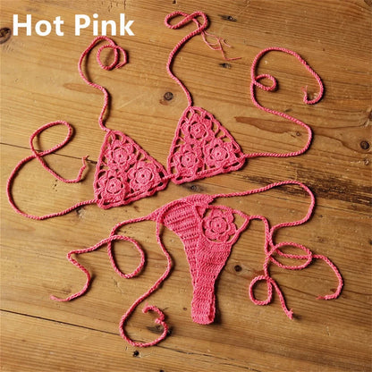 Women Sexy Handmade Bikini Sets Crochet Flower Solid Color Lace Thong String Swimwear Sunbathing Swimsuit Beach Wear Lace-up