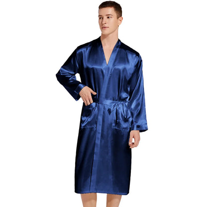 Summer New Men Solid Color Kimono Robe Satin Bathrobe Gown Summer New Sleepwear Loose Pijamas De Hombre Ice Silk Peignoir Homme