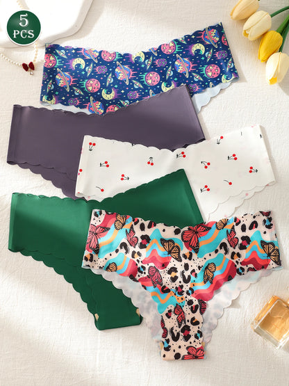 5-Pack Women's Underwear, Solid Color and Printed Mix, Seamless, Bare-Feel, Sexy and Comfortable Bikini Panties