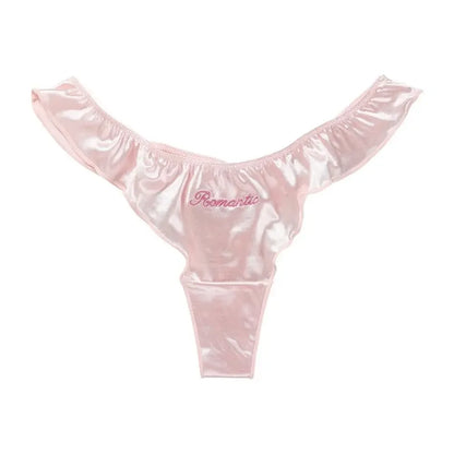 Sweet Pink Satin Silk Ruffle Thong Sexy Low Waist G-String Briefs for Women Ice Silk Underwear Female Intimates Lingerie