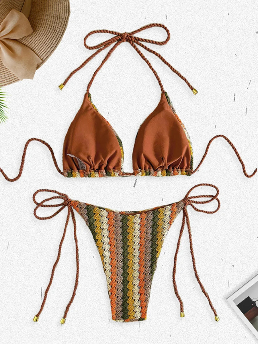 Contrast Mesh Halter Brazilian Bikini Women Swimwear Female Swimsuit Two-pieces Bikini set High Cut Bather Bathing Suit Swim