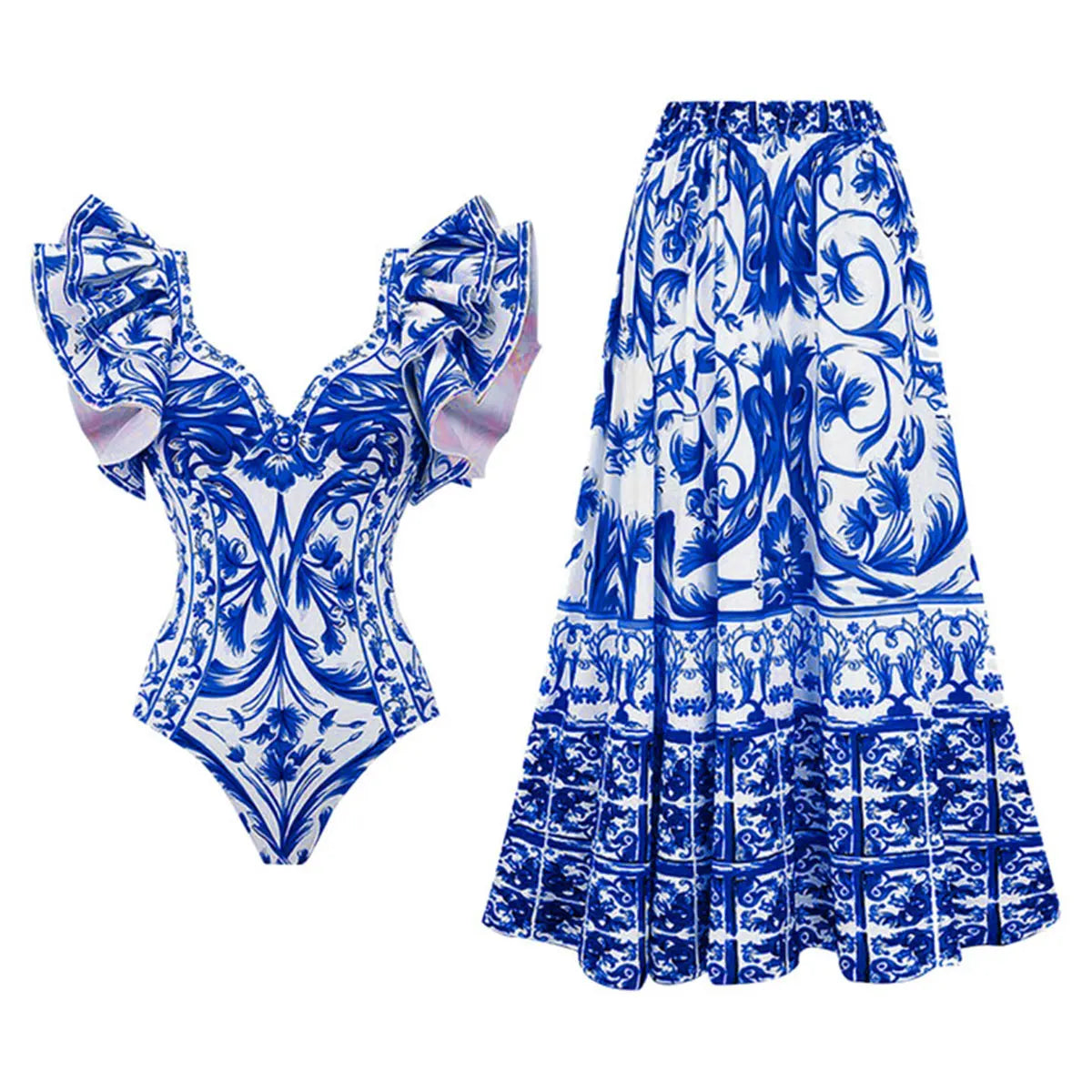Printed Ruffle One Piece Swimsuit With Cover Up Sexy Swimwear Women Flat Belly Swim Suits Bathsuit Belt Bodysuit Beach Outing