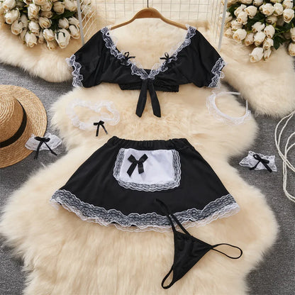 Women Strap Hollow Out Backless French Style Striped Erotic Playsuits Cosplay Slim Fit Underwear Black Lingerie Sexy Bodysuits
