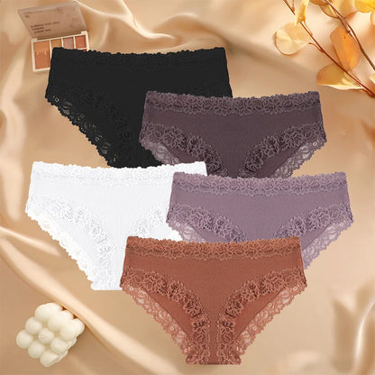 5PCS/Set Sexy Lace Cotton Panties for Women Flroal Lace Seamless Briefs Low Rise Lingerie Female Breathable Soft Underwear S-XL