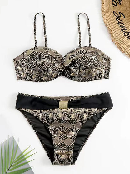 Metallic Stitch Strape Bikini 2026 Women Push Up Golded print Swimsuit Female High Waist Swimwear Bathers Bathing Suit Beachwear