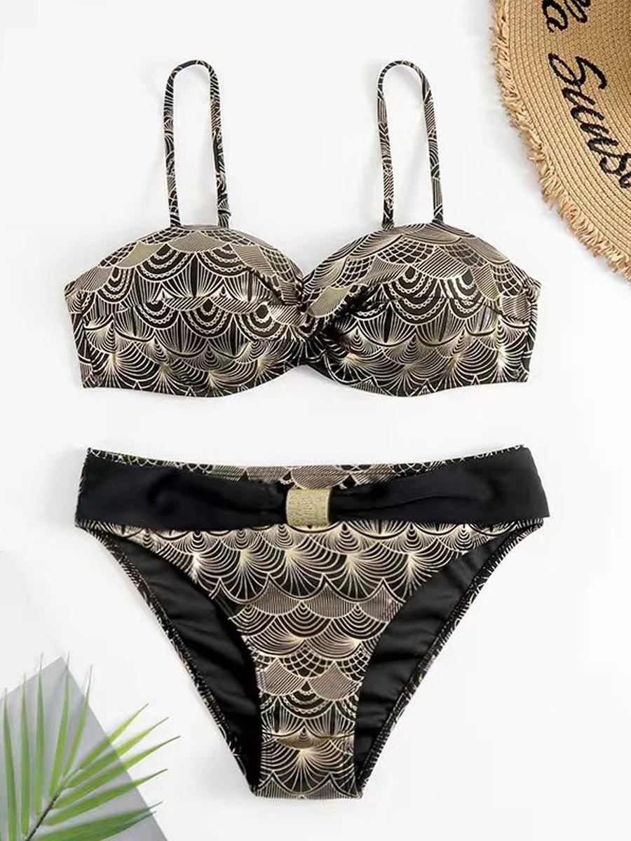 Metallic Stitch Strape Bikini 2026 Women Push Up Golded print Swimsuit Female High Waist Swimwear Bathers Bathing Suit Beachwear
