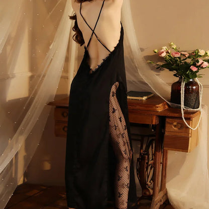 Women Backless Kimono Dressing Gown Sexy Perspective Nightgown Satin Sleepdress Lace Patchwork Nightwear Ultra Long Loungewear