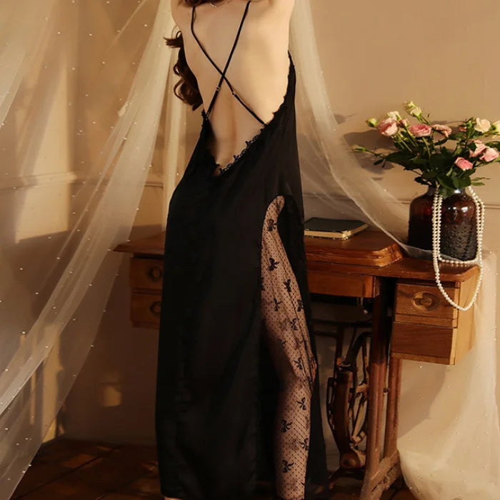Women Backless Kimono Dressing Gown Sexy Perspective Nightgown Satin Sleepdress Lace Patchwork Nightwear Ultra Long Loungewear