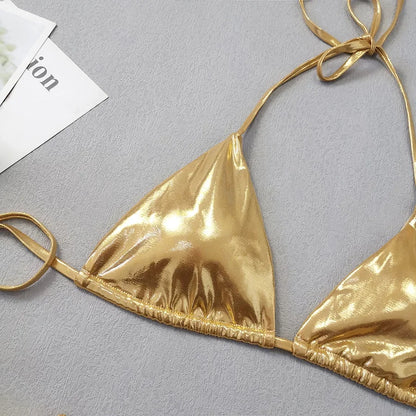 Shiny Golden Silver 3 Piece Bikini Set with Cover Up Sexy Micro Thong Swimsuit Women 2025 Drawstring Halter Swimwear Beachwear