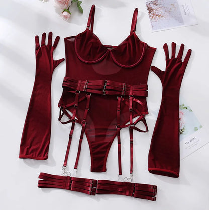 Bodysuit Sexy One-piece With Gloves Garters Mesh Women Rompers Clothing Body Suits Lace Jumpsuit Sweet Korean Women EV5W