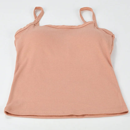 Sexy Summer Sleeveless T-Shirt  Spaghetti Strap Cropped Tank Top with Built-in Bra Fashion Solid Color Sporty Camisole