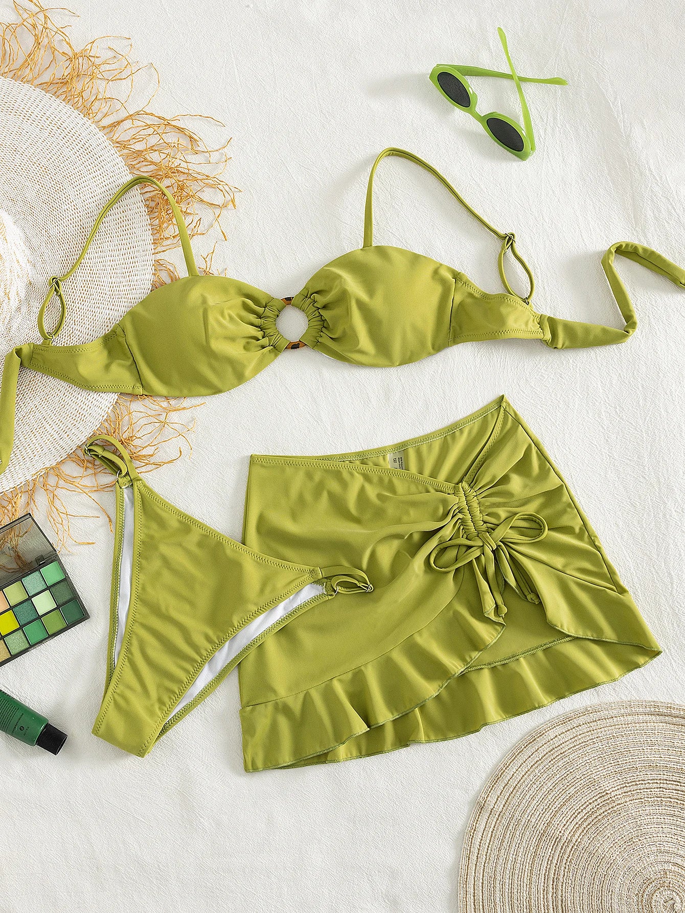 Women's Green 3 Piece Swimwear Set, Ruched Bikini Top with Metal Ring Detail and Ruffled Cover Up Skirt