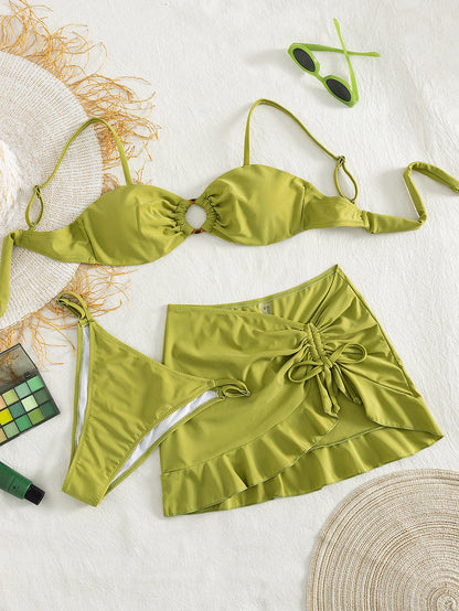 Women's Green 3 Piece Swimwear Set, Ruched Bikini Top with Metal Ring Detail and Ruffled Cover Up Skirt