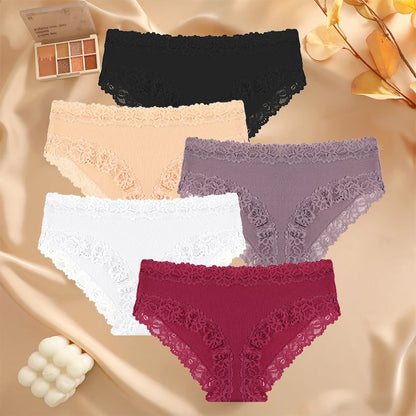5PCS/Set Sexy Lace Cotton Panties for Women Flroal Lace Seamless Briefs Low Rise Lingerie Female Breathable Soft Underwear S-XL