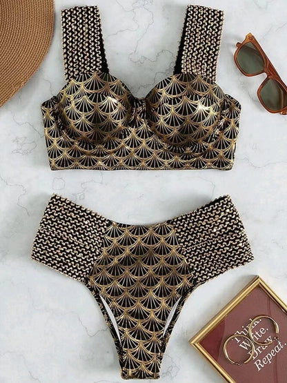 Metallic Stitch Strape Bikini 2026 Women Push Up Golded print Swimsuit Female High Waist Swimwear Bathers Bathing Suit Beachwear