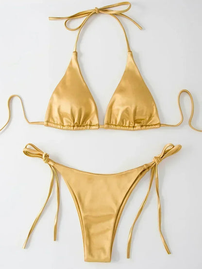 Wrap Around Halter Metallic Satin Bikini Women Swimwear Female Swimsuit Two-pieces Bikini Set Brazilian Bathing Suit Swim Lady